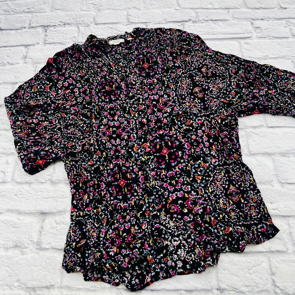 Fat Face Womens Black Floral 3/4 Sleeve Round Neck Top Size S Comfort Casual